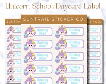 Unicorn School Name Labels for Girls, Custom School Name Labels, Set of 28 Unicorn Labels, Waterproof and Dishwasher Safe, Custom Girl Label