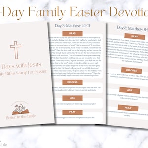 May include: A 30-day family Easter devotional Bible study guide with the title "30 Days with Jesus" and the tagline "A Family Bible Study for Easter". The guide includes daily readings, discussion questions, and prayer prompts.