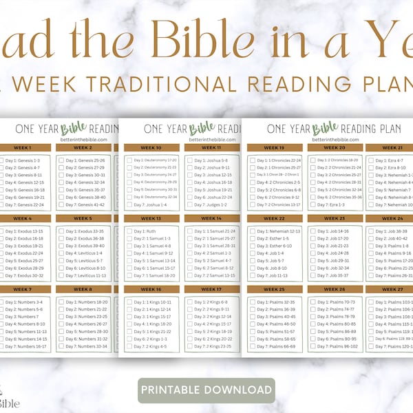 Read the Bible in a Year Chart, Traditional Bible Reading Plan, Printable Bible in a Year Chart, Bible Reading Tracker, Bible tracker