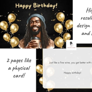 Carte de voeux imprimable numérique noir joyeux anniversaire homme téléchargement immédiat - ballons dorés cadeau à partager ami petit ami mari frère