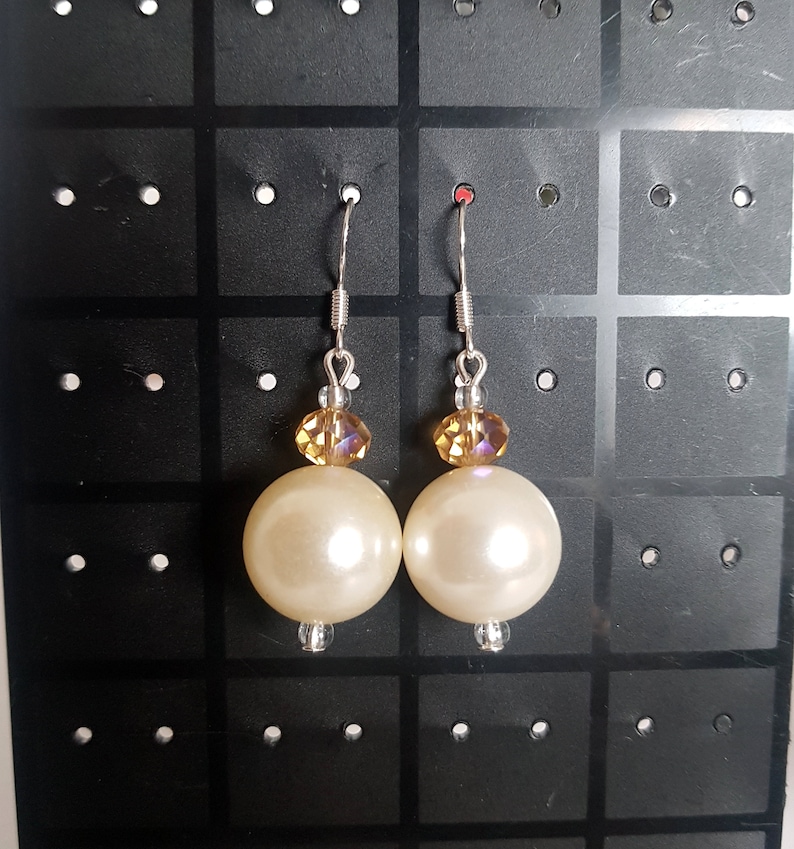 Big Pearl Imitation Plastic and Crystal Glass Beads Gold Cream Sterling Silver Drop Dangle Earrings Gift Idea Mature Classic