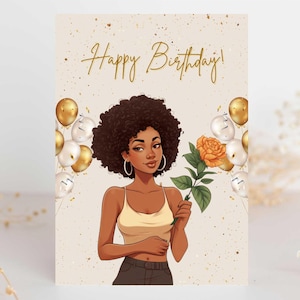 Carte de voeux imprimable numérique joyeux anniversaire fleur d'or - femme noire femme haute couture ballons téléchargement immédiat soeur amie