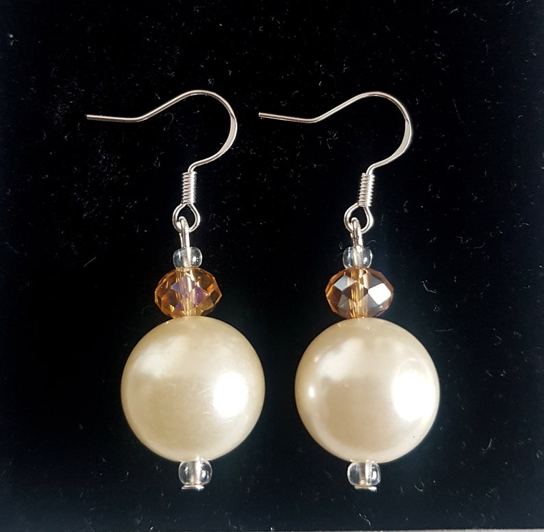 Big Pearl Imitation Plastic and Crystal Glass Beads Gold Cream Sterling Silver Drop Dangle Earrings Gift Idea Mature Classic