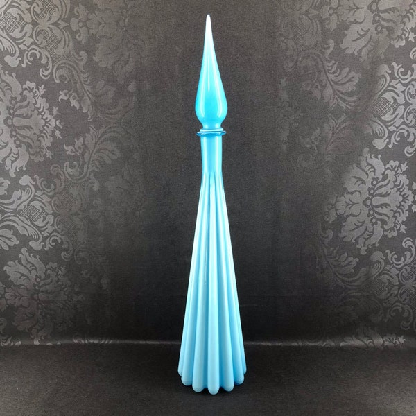 Rare Vintage 28” MCM Blue Milk Glass Genie Bottle Decanter Fluted Sides Midcentury