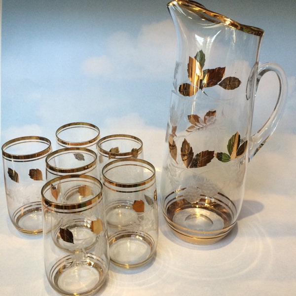 Elegant Gold Leaf & Crystal Ice Tea or Cocktail Pitcher with Tumblers Glasses