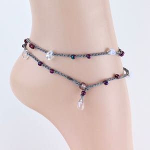 Crochet Moonstone Anklet: Silver Grey Wrap Bracelet, June Birthstone