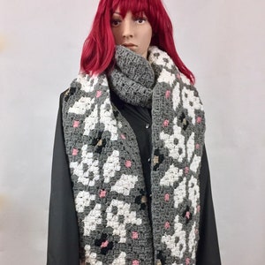 Nordic Scarf, Winter Scarf for Women, Grey White Snowflake design, Long Super Scarf with Fringe, Hand-stitched Crochet Knit Scarf under 50