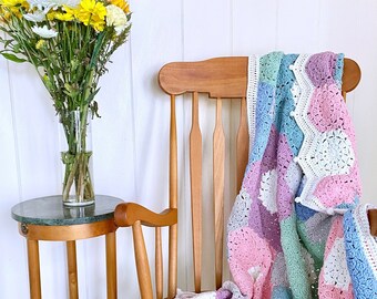 Flower Garden Cotton Throw Blanket, Crochet Quilt, Girl's Bedspread Coverlet, Pastel Colors, Great for Sunroom, Baby, Toddler