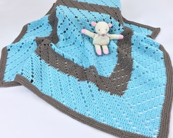Crochet Baby Blanket in Aqua Blue and Taupe Brown, Lightweight Summer Blanket for Baby Boy, Shower Gifts under 50
