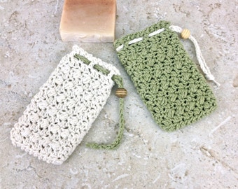 Sage Green Soap Pouch Ivory Cream Soap Saver Cotton Ivory Soap Bag Shower Bath Accessories Cotton Loofah Light Green Ecru Handmade Crochet