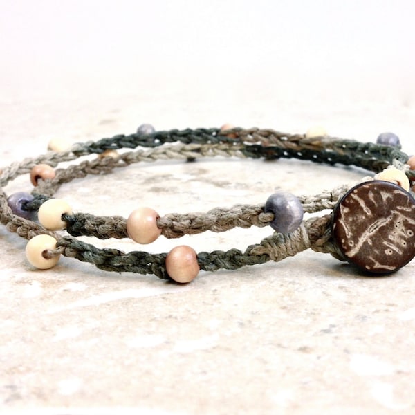 Wrap Boho Hemp Anklet or Bracelet, Crocheted with Wood Beads on Ombre Hemp, Natural Bohemian Jewelry for the Beach & Summer Boho Style