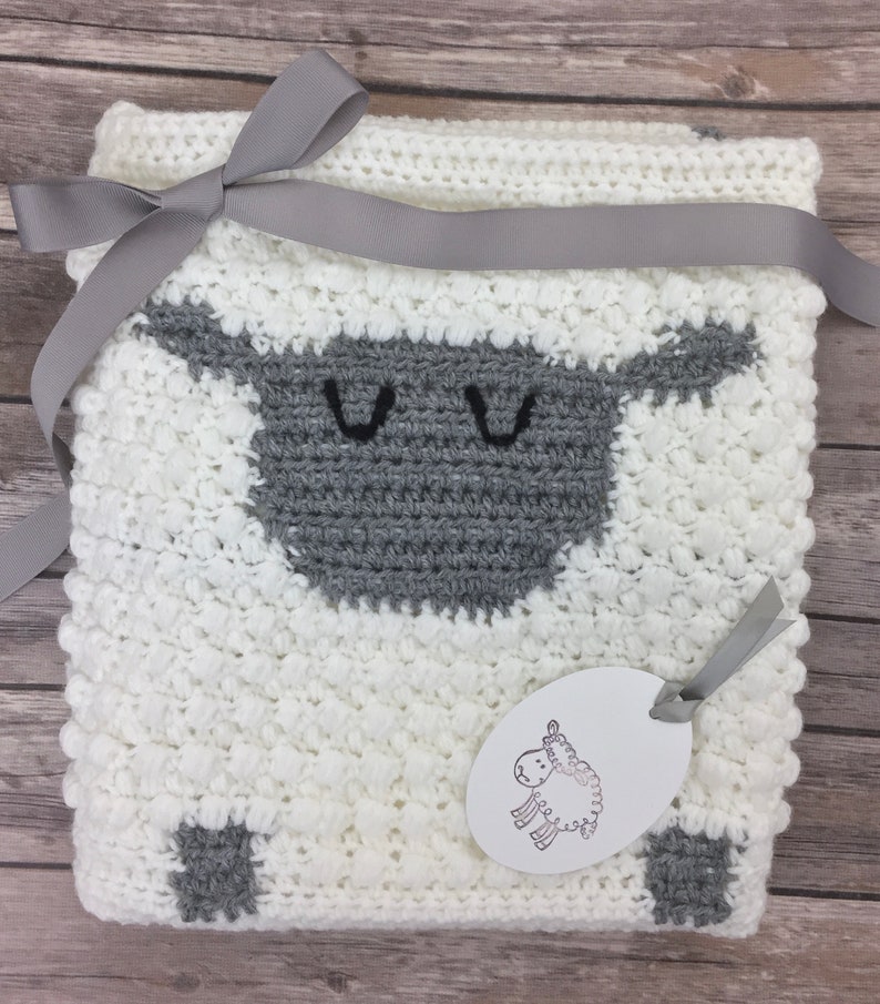 Sleepy Time Sheep Baby Blanket White Grey Crocheted Baby Blanket with Textured Sheep Cuddle Receiving Blanket for New Baby Boy or Girl