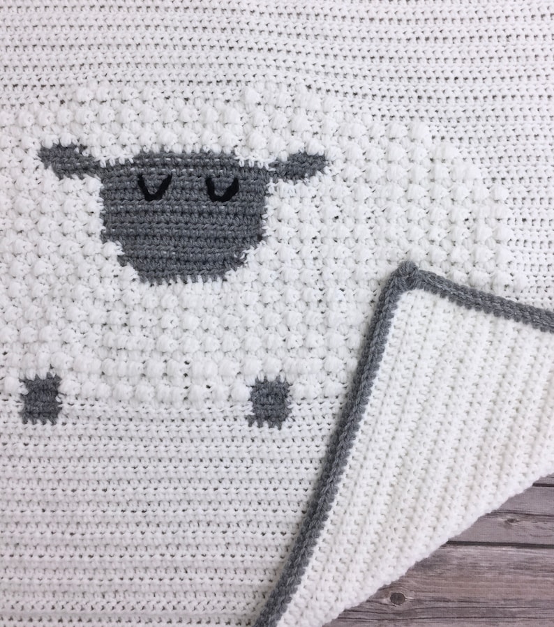 Sleepy Time Sheep Baby Blanket White Grey Crocheted Baby Blanket with Textured Sheep Cuddle Receiving Blanket for New Baby Boy or Girl