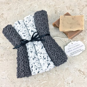 Grey White Washcloth Cotton Spa Set Crocheted Washcloth Set Dish Cloths White Gray Crochet Bath Set Knit Washrag Cotton Facecloth Gift Set
