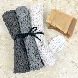 3 Shades of Gray Dishcloth Set Cotton Washcloth Crochet Dish Cloths Pewter Charcoal Smoke Handmade Dishcloths Grey Wash Cloths Dishrag Knit