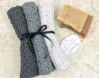 3 Shades of Gray Dishcloth Set Cotton Washcloth Crochet Dish Cloths Pewter Charcoal Smoke Handmade Dishcloths Grey Wash Cloths Dishrag Knit