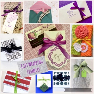 May include: A collage of different gift wrapping ideas, including a purple crocheted hat, a green envelope, a purple and white gift box with a purple ribbon, a green and orange crocheted washcloth, a white gift box with a green ribbon, a black and white polka dot gift box with a black ribbon, and a white gift bag with a green ribbon.