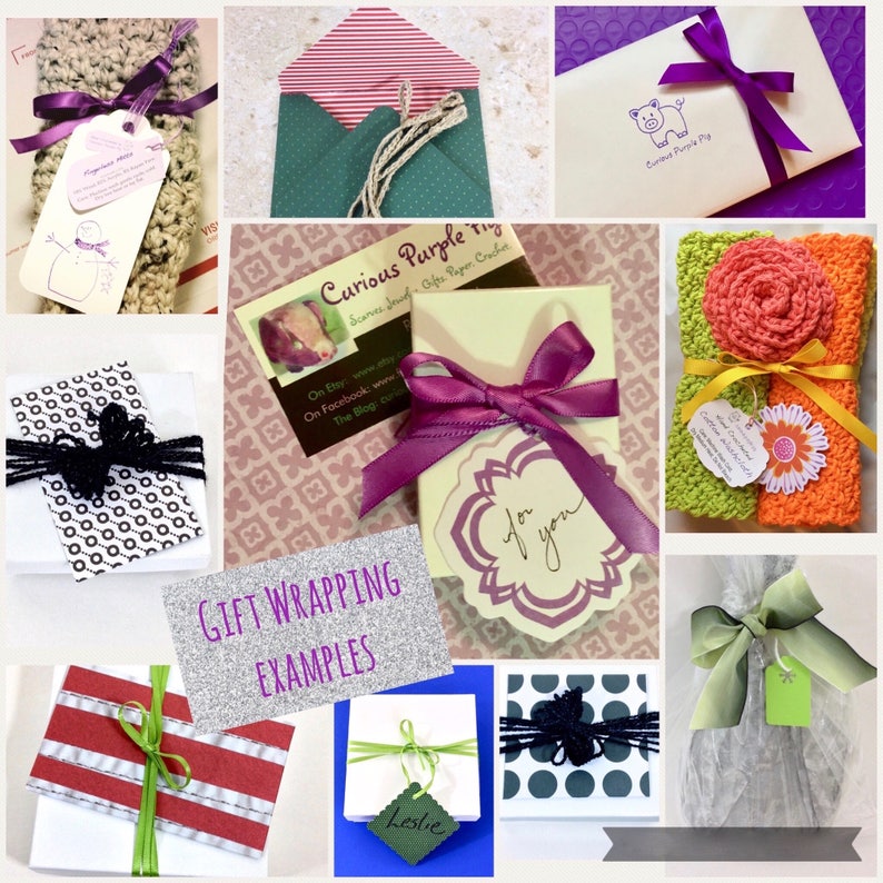 May include: A collage of different gift wrapping ideas, including a purple crocheted hat, a green envelope, a purple and white gift box with a purple ribbon, a green and orange crocheted washcloth, a white gift box with a green ribbon, a black and white polka dot gift box with a black ribbon, and a white gift bag with a green ribbon.