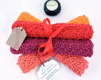 Crochet Washcloth Set Sunset Colors Cotton Crochet Dishcloth Gift Set Red Washcloth Orange Dishcloth Cranberry Facecloth Salmon Wash Cloth