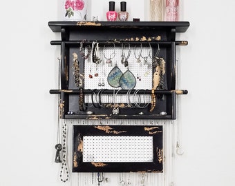 Wall Mounted Jewelry Holder. With your choice of finish & metal background. Necklace hooks, 2 bracelet bars, LARGE earring storage, mom gift