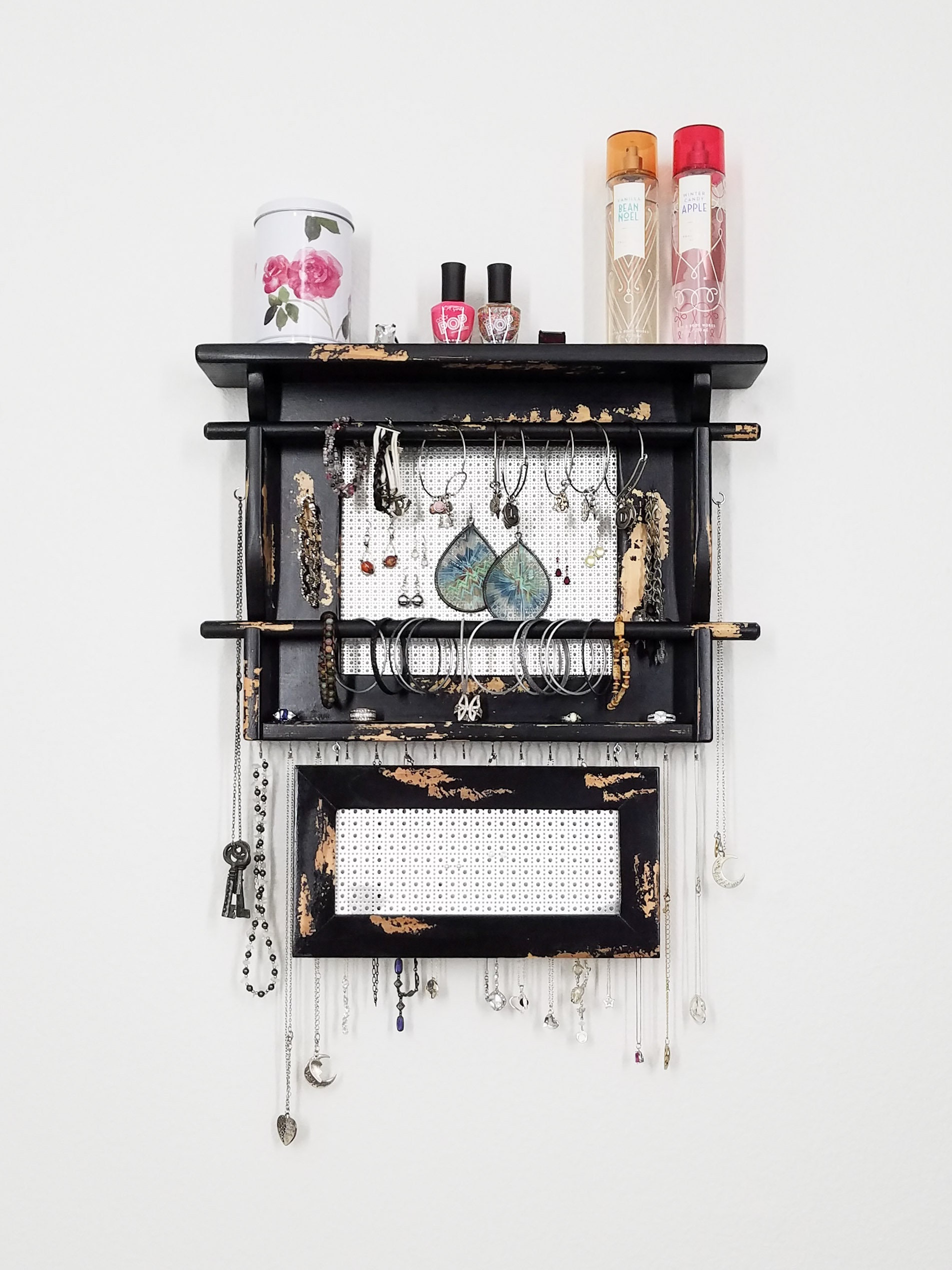 Wall Mounted Jewelry Holder With Your Choice Of Finish Metal Background Necklace Hooks 2 Bracelet Bars Large Earring Storage Mom Gift