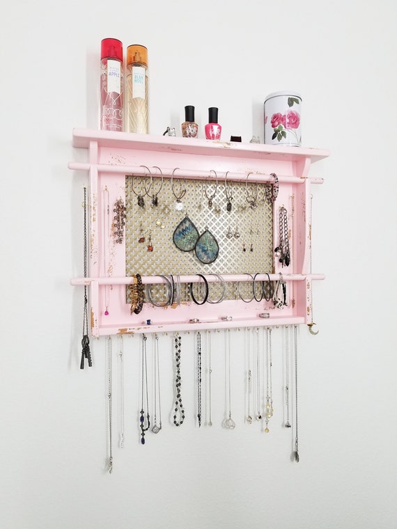 Large Jewelry Holder Wall Organizer Storage Necklace Hooks Earring Bracelet Holders Distressed Pink Decor