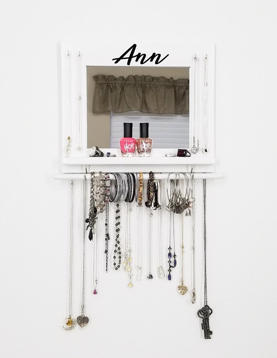 Personalized Jewelry Organizer With Shelf Bracelet Bar Necklace Hooks Display Mirror Storage Holder