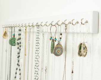 Wall mounted hanging necklace and dangle earring display holder shown in white paint finish with silver hooks Handmade boho farmhouse  decor