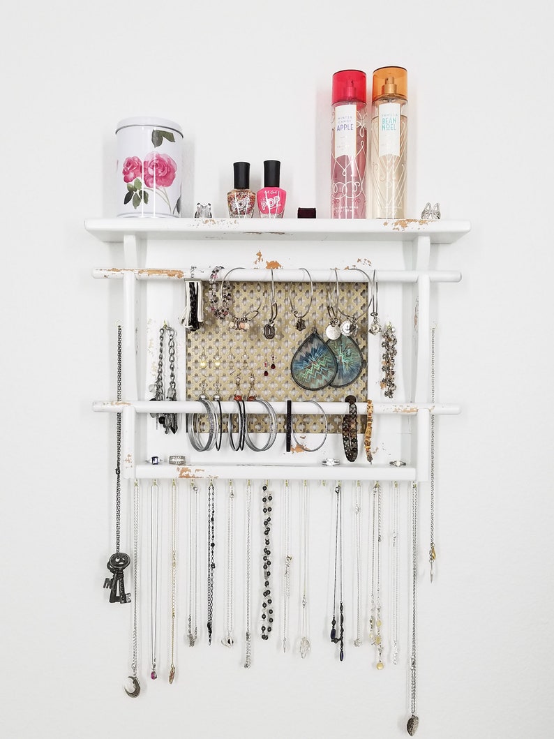 Large Jewelry Holder Wall Organizer Storage Necklace Hooks Earring Bracelet Holders Distressed Chippy Paint