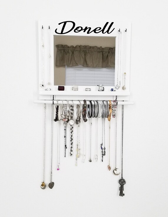 Personalized Jewelry Organizer With Shelf Bracelet Bar Necklace Hooks Display Mirror Storage Holder