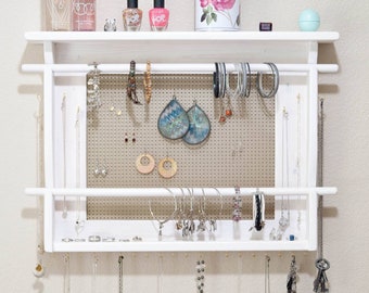 JEWELRY ORGANIZER, LARGE Wall Mounted Jewelry Holder, Available in your choice of stain color and background metal. With 2 bracelet bars