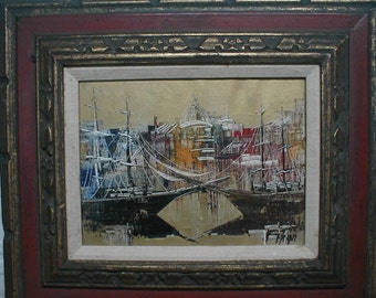 Vintage oil painting on linen 1960's Harbor scene