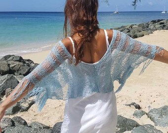 Beautiful sky blue knit poncho shawl with fringing, ethereal knit shawl, sky blue knit dreamcatcher shawl, blue summer knit shawl,28 colours