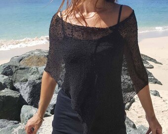 Black knit poncho shawl, black knit shawl cover up, black knit wrap, black knit cardigan shawl, 28 colours available.