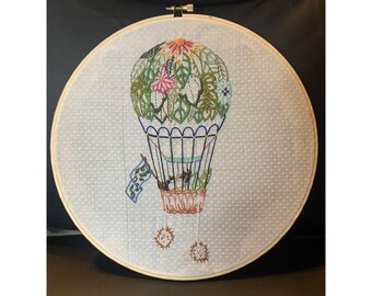 Hot Air Balloon Embroidered Needlepoint Plant Flowers Leaf Round Embroidery Wood Frame