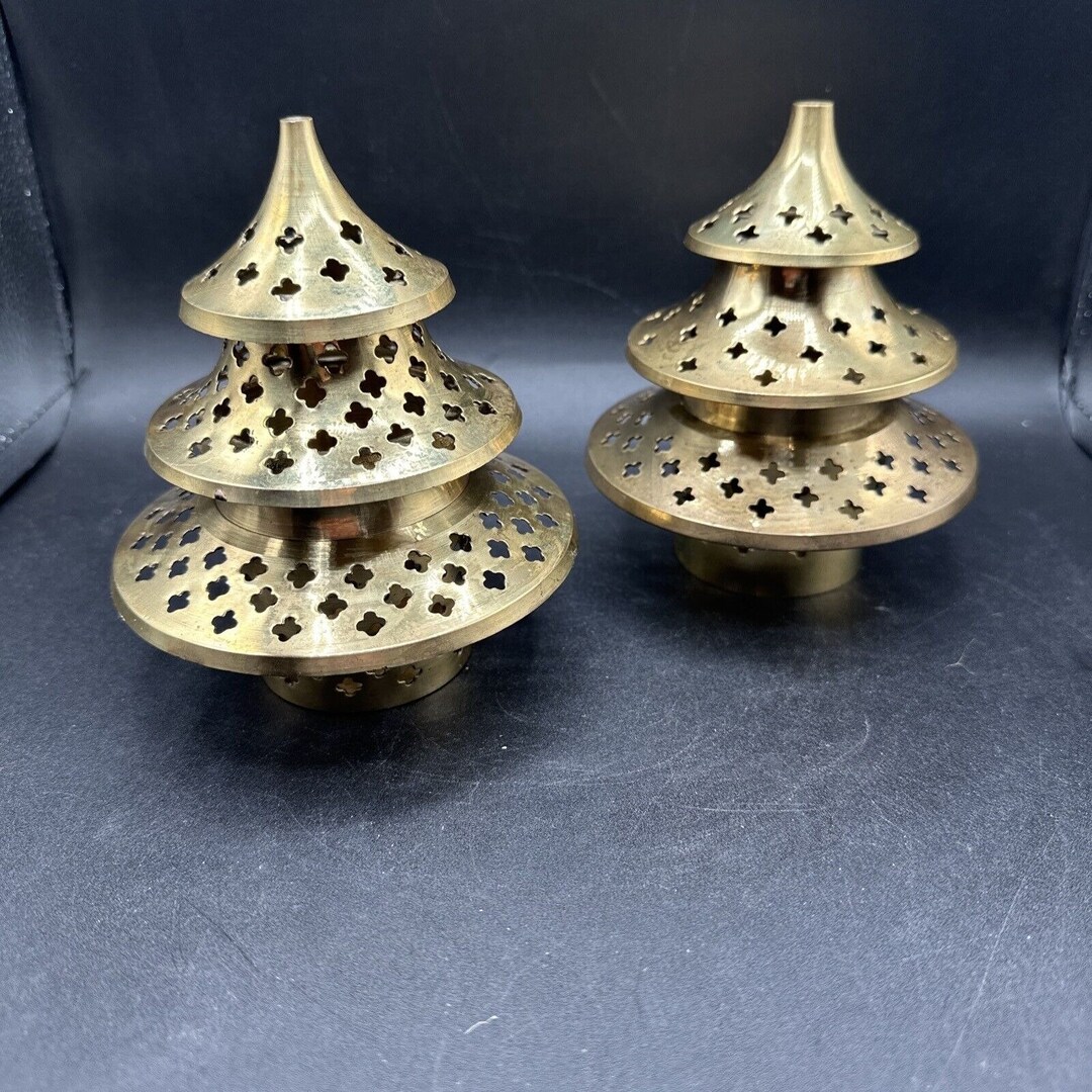Vintage Brass Christmas Tree Pagoda Incense Burner Candle Holder