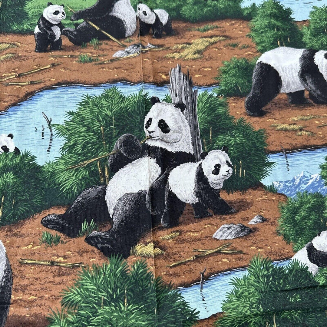 Vippanda VIP Cranston Panda Fabric Panel W/cub Bear River Scene All Over Fabric ...