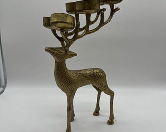 Vintage Brass Buck Stag Reindeer 6 Candle Holder Tea Light Candelabra Christmas