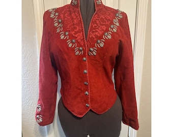 Vtg Renegade By Ren Ellis Women&#39;s Blazer Red Leather Jacket Silver Bead Red Lace