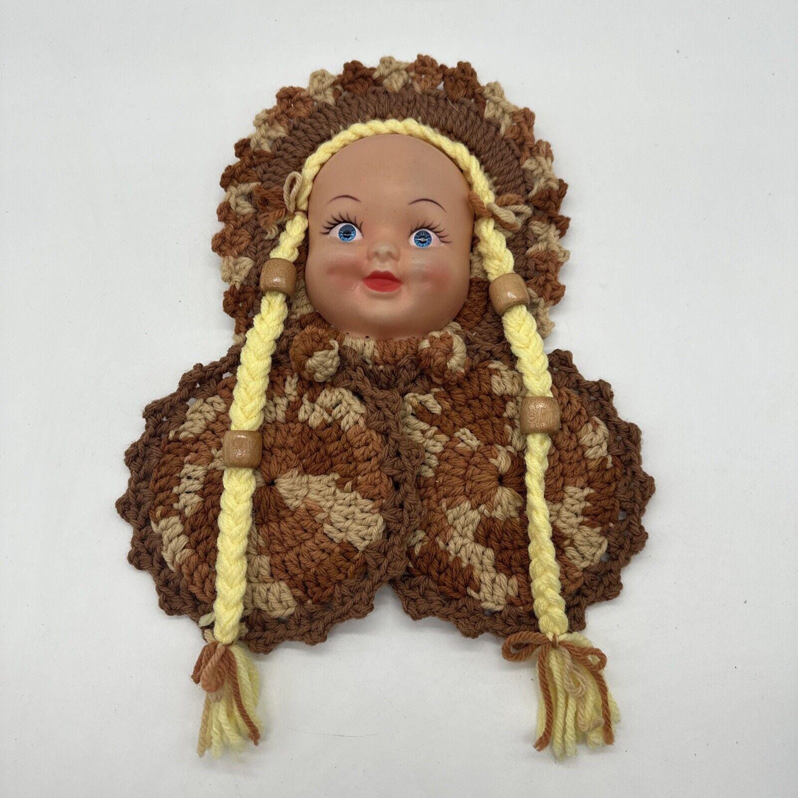 Vintage Doll Face Crochet Pot Holder Red White Decoration Wall Hanging Kitschy