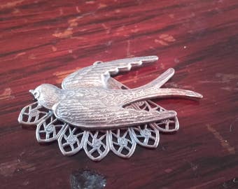 Vintage brass silver Ox plate Swallow and Fan pendant 38x25mm