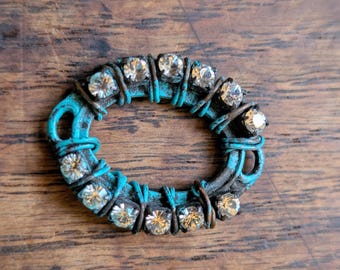 Ovale messing koperen strass-connector: verouderde blauwgroene patina in Victoriaanse stijl