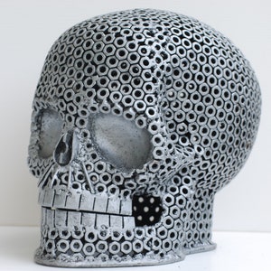 Gothic Metal Skull Sculpture, Recycled Scrap Steel Art, Steampunk Decor, Halloween Gift