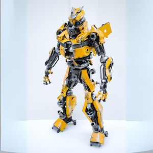 May include: A yellow and black robot made of metal parts. The robot has a human-like body with a head, arms, legs, and feet. The robot is standing on a white surface.