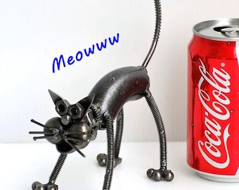 Cat Scrap Metal Sculpture, Handmade Recycled Steel Art, Unique Valentine Gift for Him