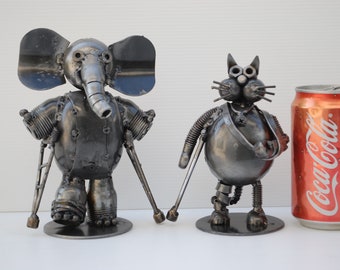 Elephant & Cat Get Well Gift Scrap metal sculpture, Retirement gift, Cool gift for mom, cool gift for her, cool gift for him, gift for boy