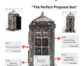 May include: A handcrafted metallic proposal box, designed as a vintage police call box. The box has a hinged door and features the text "Customize Your Message" and "The Perfect Proposal Box". Several small cards with personalized messages are included.