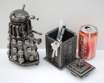 Doctor Who Police Box & Dalek scrap metal sculpture, Tardis Box Doctor Who Metal Sculpture, Anniversary Gift, Cool gift For Father's day