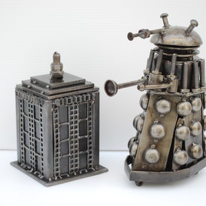 Doctor Who Police Box & Dalek scrap metal sculpture, Tardis Box Doctor Who Metal Sculpture, Anniversary Gift, Cool gift For Father's day
