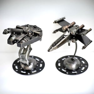 Scrap Metal Spaceship Fighter Sculpture: Handmade Recycled Auto Part Art